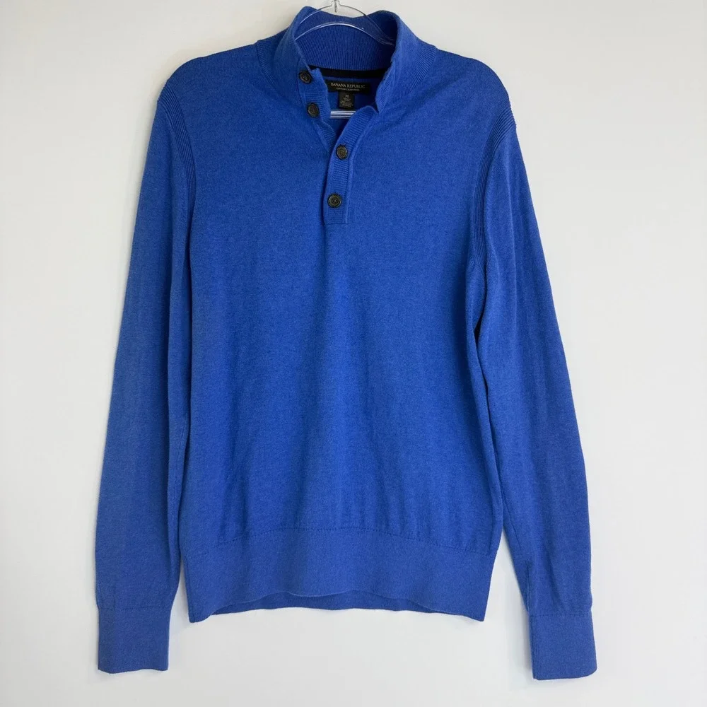 Banana Republic Sweater Mens‎ M Blue Cotton Cashmere Mock Neck Button Pullover